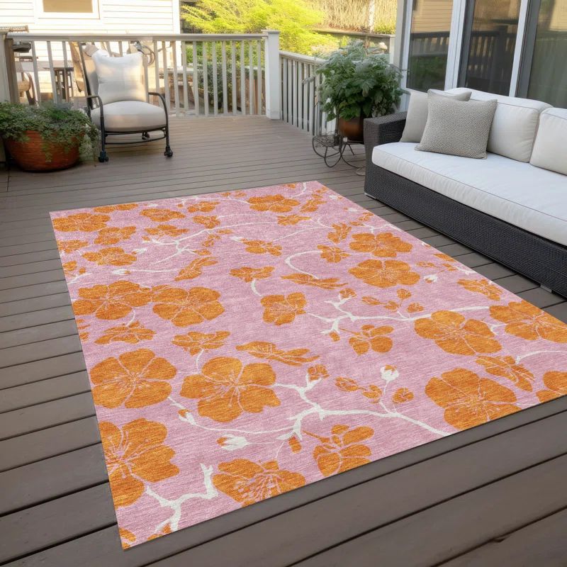 Pink Floral Synthetic Rectangular Washable Area Rug 3' x 5'