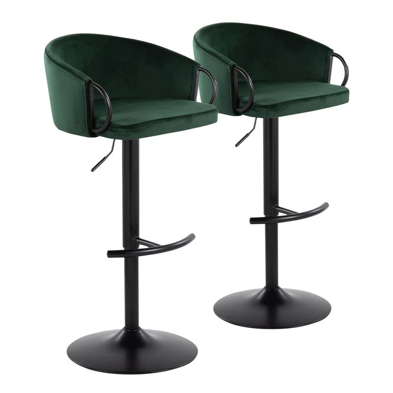 Green Velvet Adjustable Swivel Bar Stools with Metal Frame