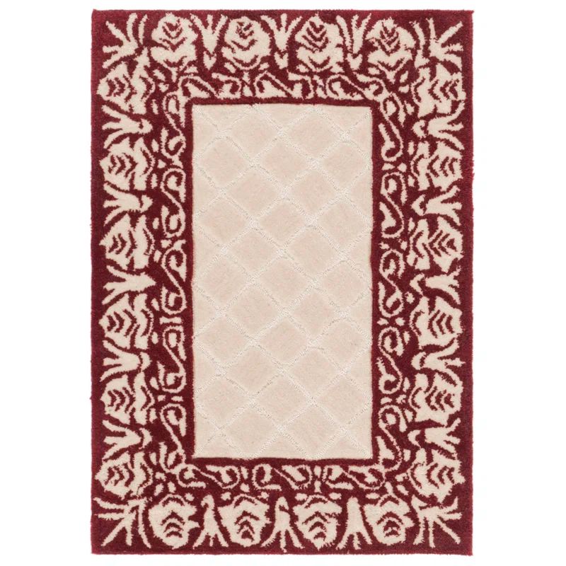 Red and Beige Hand-Hooked Wool Rectangular Rug