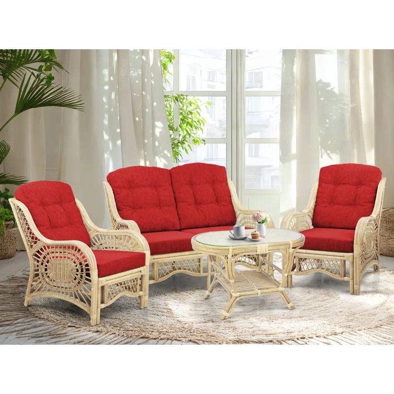 Natural Rattan Wicker Lounge Set with Red Cushions and Glass Coffee Table