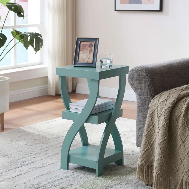 Teal Wood 3-Tier End Table with Curved Legs
