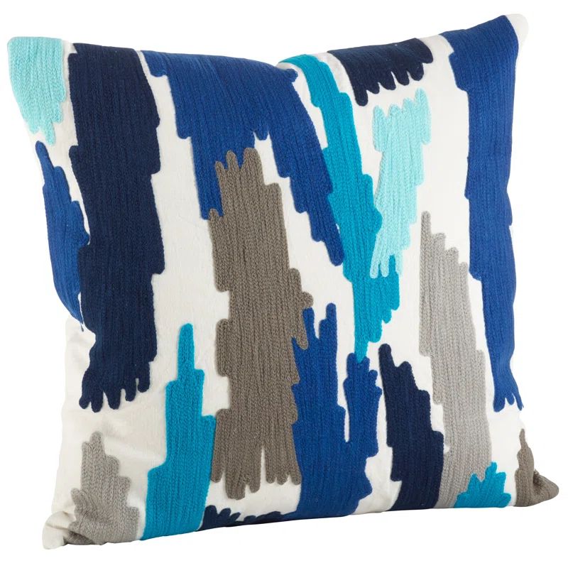 Ocean Blue Embroidered Brushstroke Cotton Throw Pillow