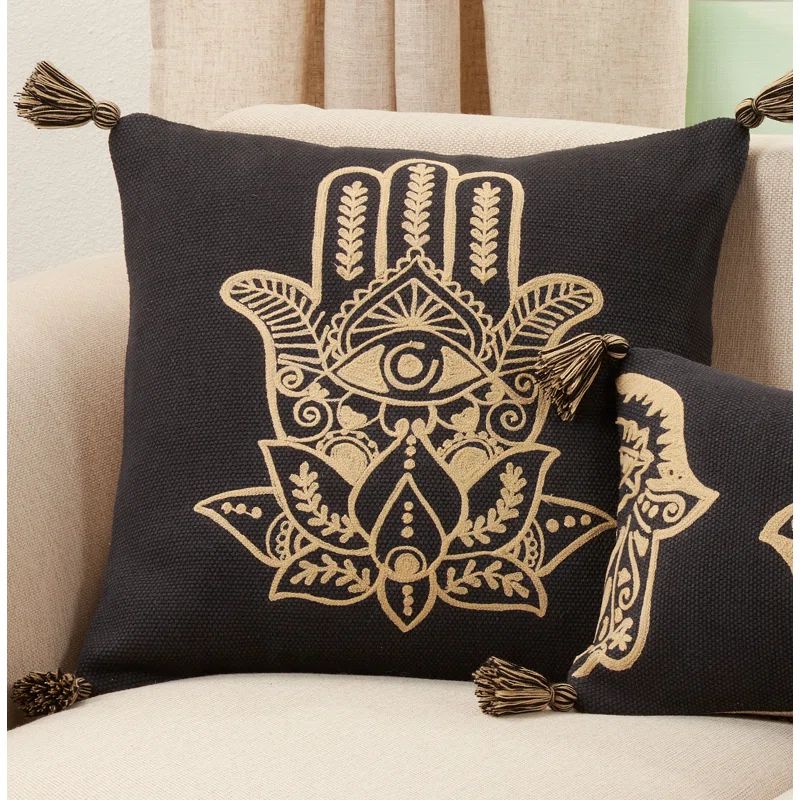 Black and Gold Embroidered Cotton Pillow Cover with Tassels