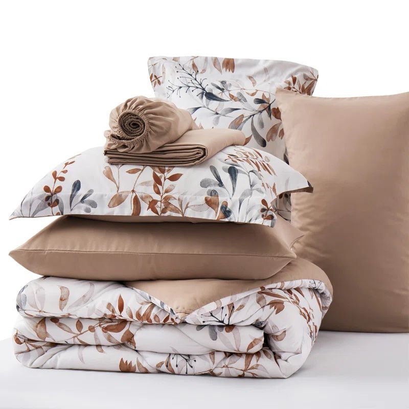 King Beige Floral Microfiber Reversible Bed-in-a-Bag Set