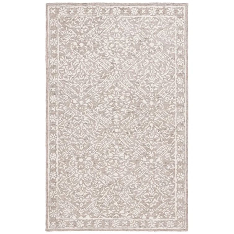 Ivory Floral Handmade Wool Rectangular 6' x 9' Rug