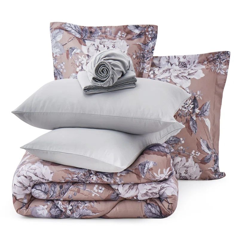 Camel Floral Full/Queen Microfiber Reversible Bed in a Bag Set