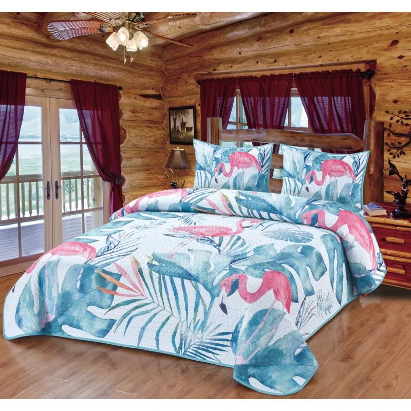 King Size Pink Flamingo and Aqua Palms Microfiber Quilt Set