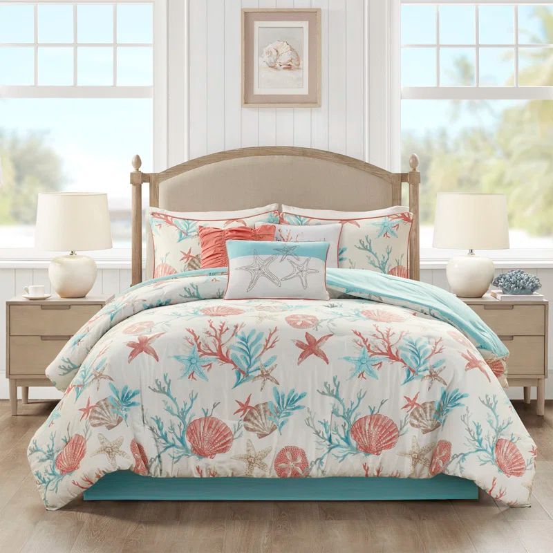 Queen Blue Cotton Reversible Coastal Comforter Set