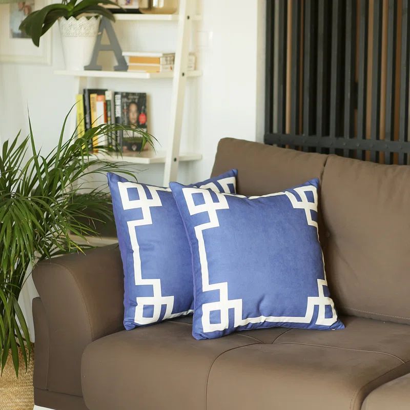 Blue and White Geometric Reversible Polyester Throw Pillow Set