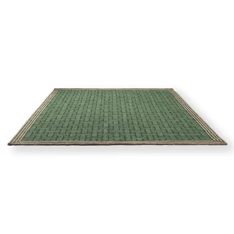 Handwoven Green Geometric Wool and Synthetic Rug