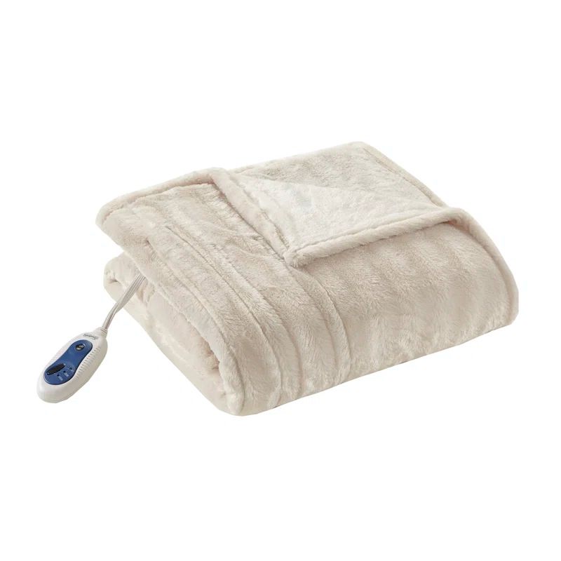 Ivory Faux Fur Electric Heated Blanket, Machine Washable