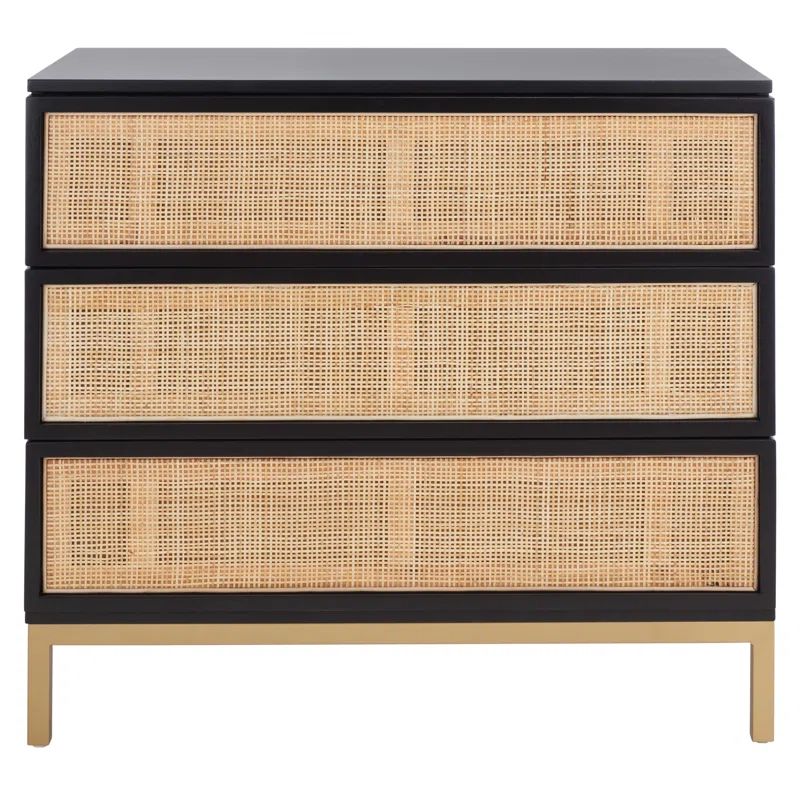 Black and Natural Rattan 3-Drawer Chest with Gold Legs