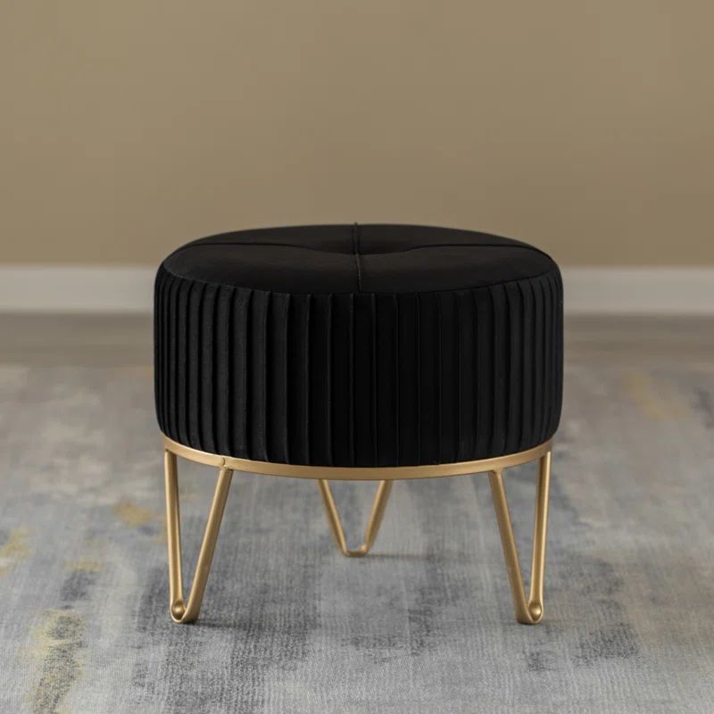 Black Velvet Round Ottoman with Gold Hairpin Base