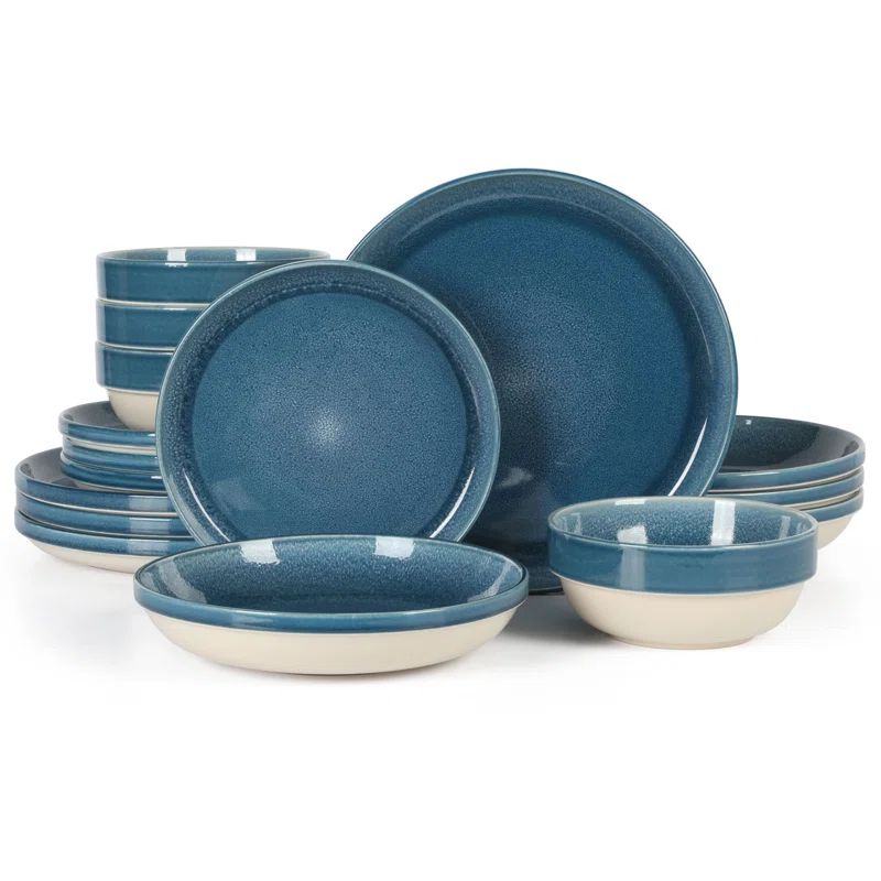 Blue Glossy Ceramic 16-Piece Round Dinnerware Set - Service for 4