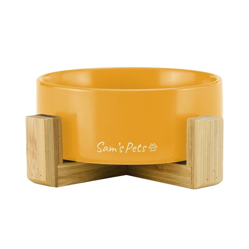 Yellow Ceramic Pet Bowl with Wooden Stand