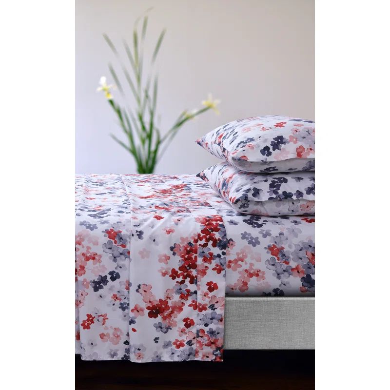 Juliette Red Floral Print Full Microfiber Deep Pocket Sheet Set