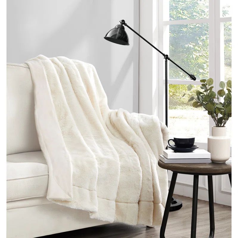 Ivory Faux Fur Reversible Winter Throw Blanket