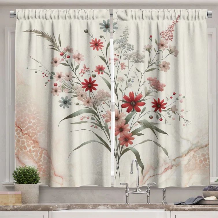 Blush Ivory Sage Green Floral Polyester Kitchen Curtains