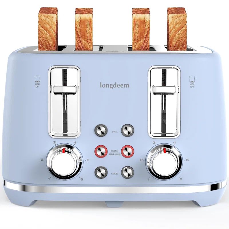 Blue Retro 4-Slice Stainless Steel Toaster with Dual Controls