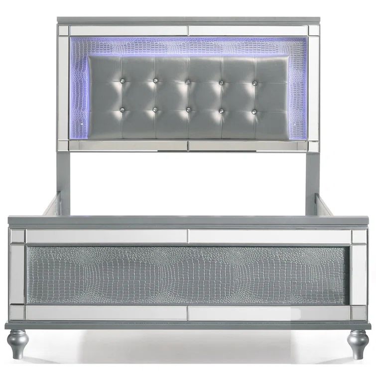 Lee Full Size Silver Faux Leather Upholstered Bed with LED Headboard