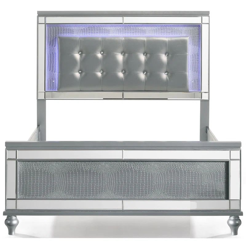 Lee Queen Silver Faux Leather Upholstered Bed with LED Headboard
