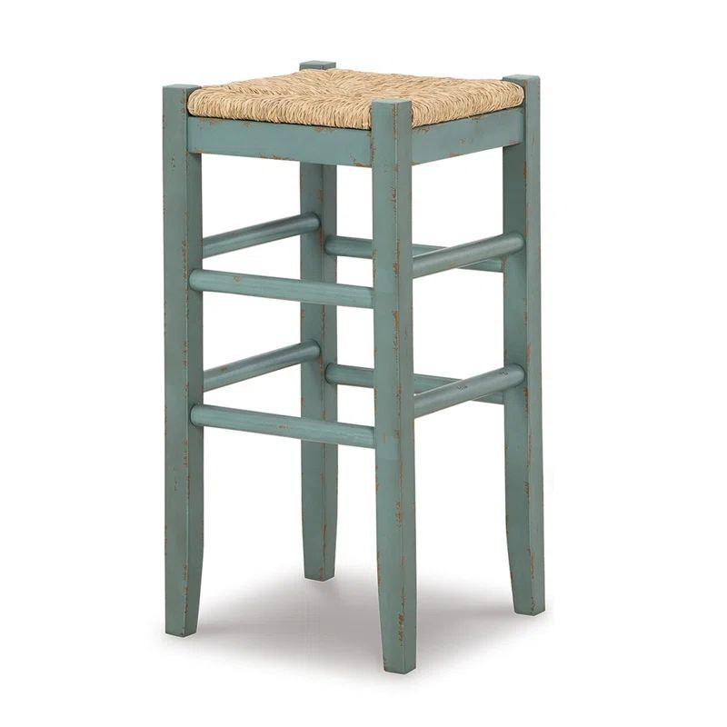 Antique Blue Wood Bar Stool with Woven Seagrass Seat