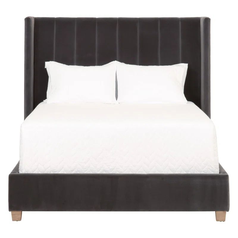 Gray Velvet Upholstered Queen Bed with Oak Frame