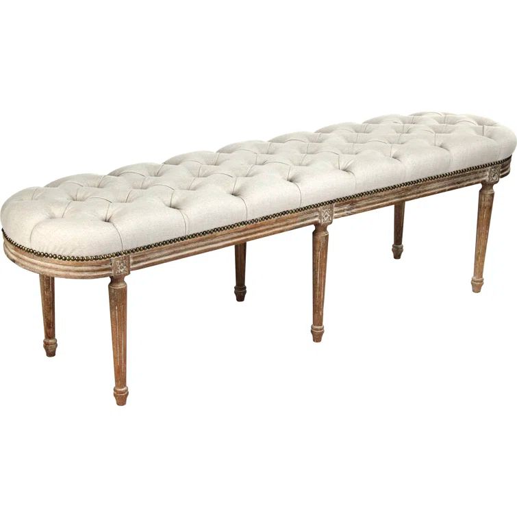 Elegant Michel 62'' Natural Linen Tufted Bench with Bronze Nailheads