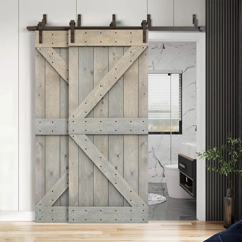 Smoke Gray Knotty Pine Double Bypass Barn Door with Oil-Rubbed Bronze Hardware