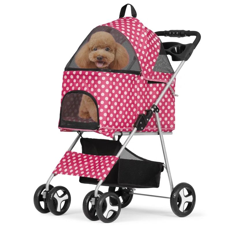 Hot Pink Polka Dot Foldable Dog Stroller with Steel Frame