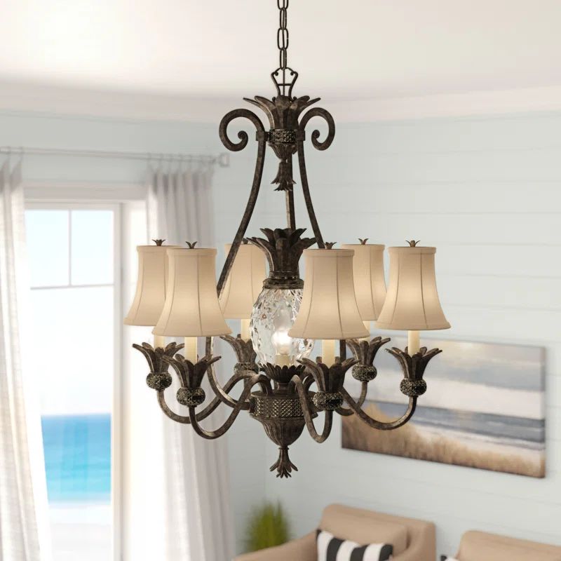 Pearl Bronze 7-Light Chandelier with Ivory Silk Shades