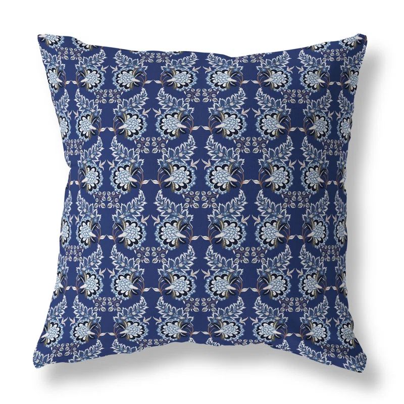 Blue and Silver Botanical Broadcloth Square Throw Pillow