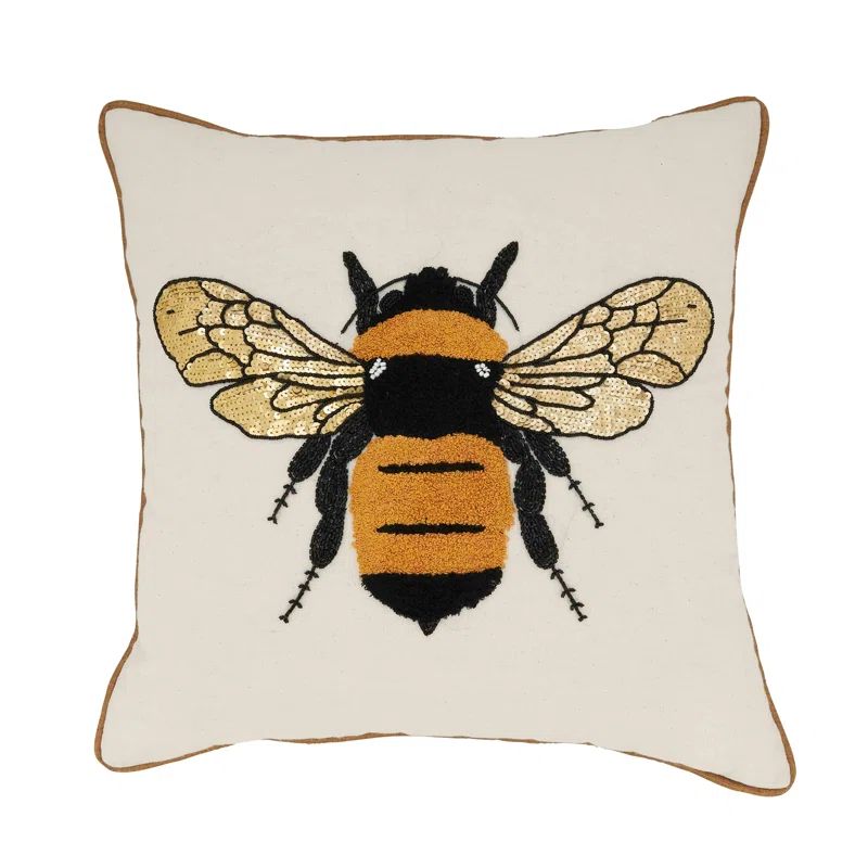 Beige Embroidered Bumble Bee Square Throw Pillow