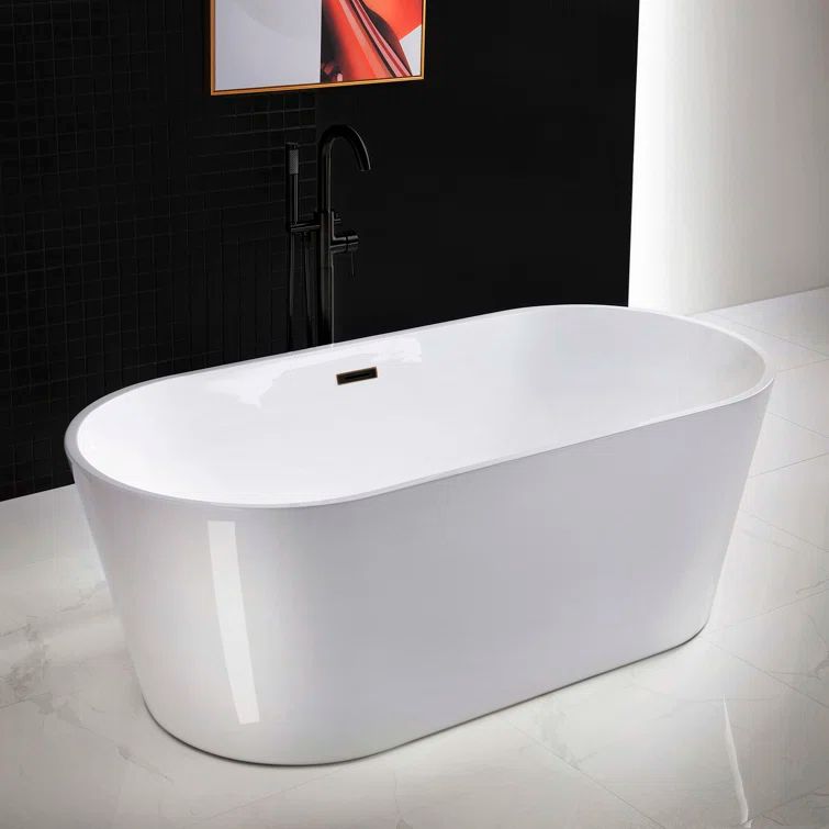67" White Acrylic Oval Freestanding Soaking Bathtub with Oil Rubbed Bronze Trim