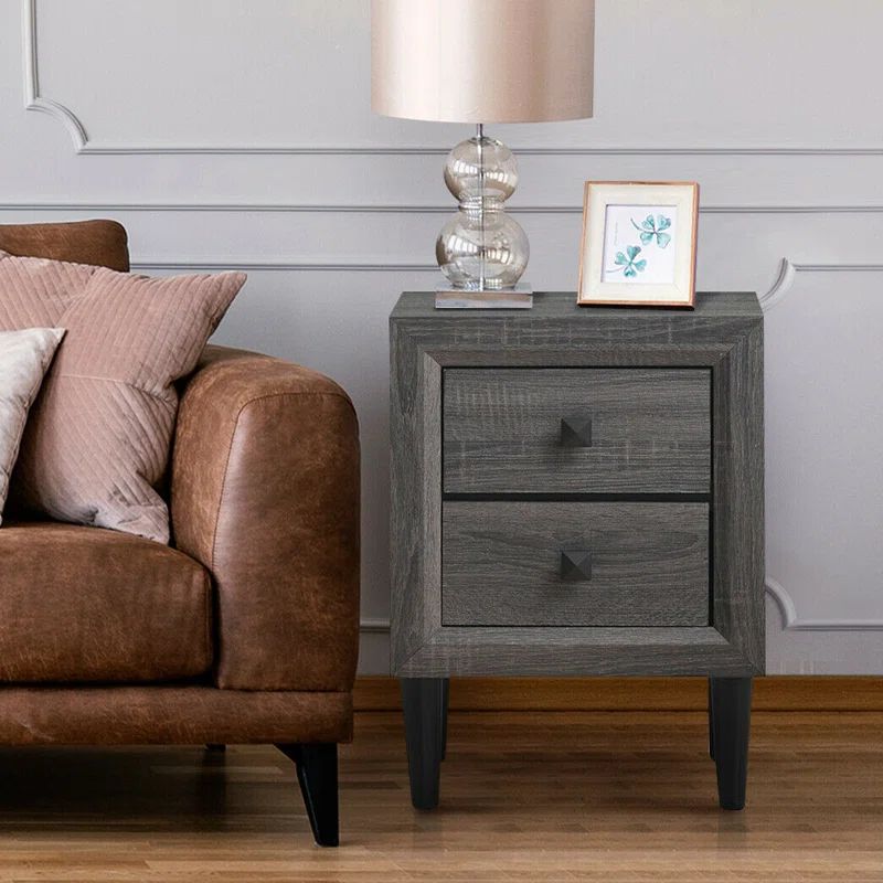 Grey MDF and Rubber Wood 2-Drawer Nightstand with Black Legs