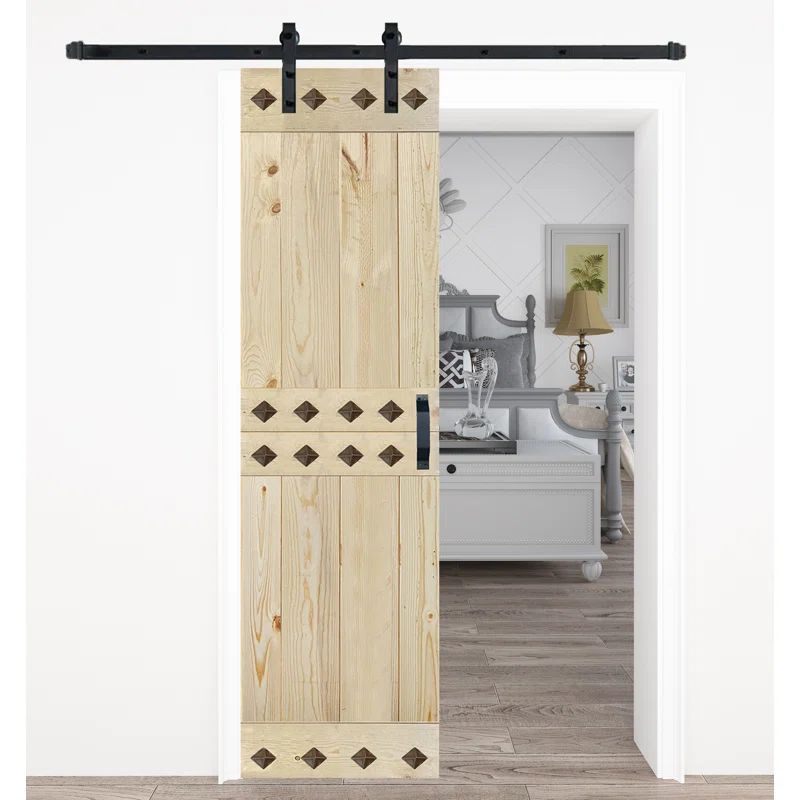 Mid-Century Natural Solid Wood Barn Door Kit with Matte Black Hardware