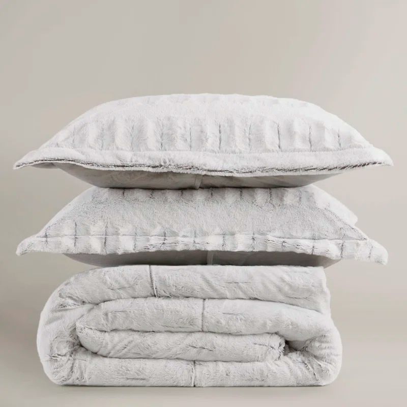 King Size Gray Faux Fur Reversible Bedspread Set