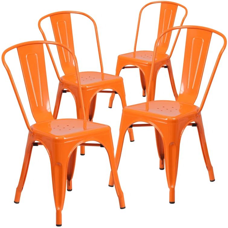 Bright Orange Metal Stackable Armless Indoor-Outdoor Chairs, 4 Pack