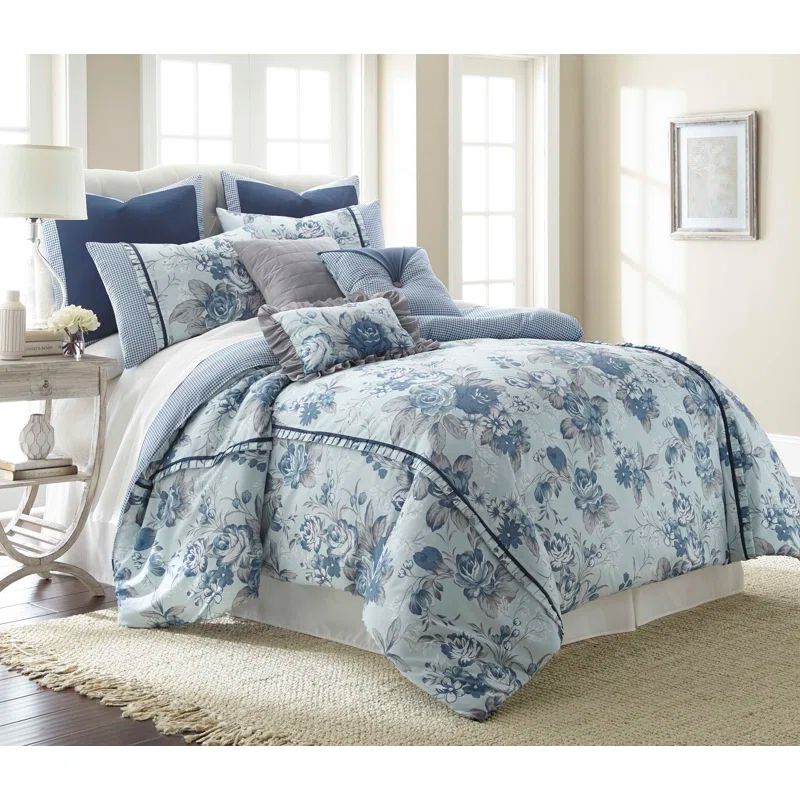 Blue Floral Microfiber Queen Reversible Comforter Set