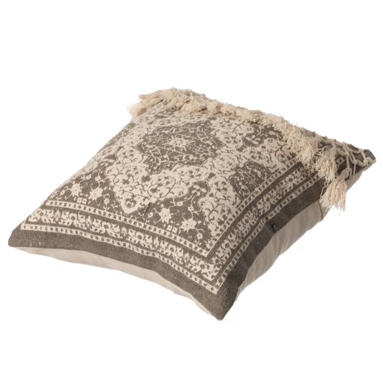 Handwoven Beige Cotton 16" Throw Pillow Cover with Tasseled Detail