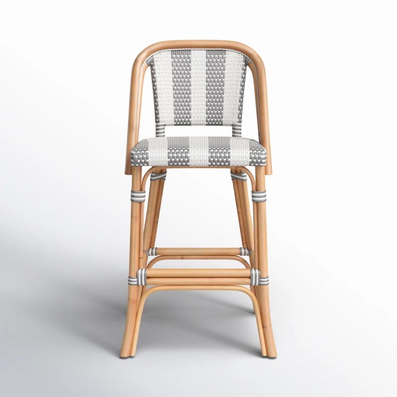 Gray and White Woven Rattan Bar Stool, 28'' Height