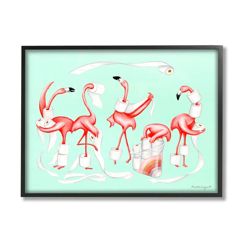 Silly Flamingos Toilet Paper Rolls Illustration on Canvas, 20" x 16"