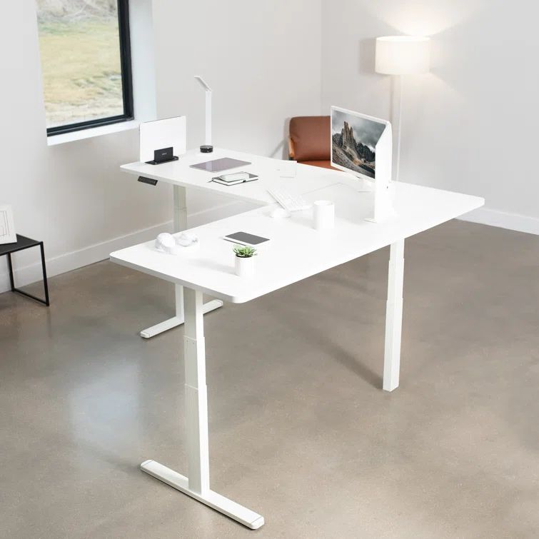 White Adjustable Height Electric Corner Standing Desk with Particle Board Top