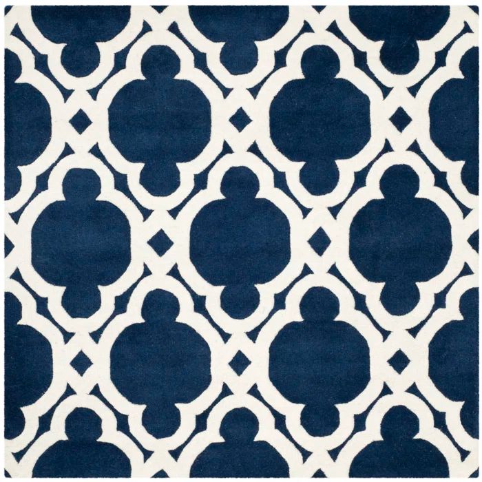 Handmade Dark Blue and White Wool Square Rug