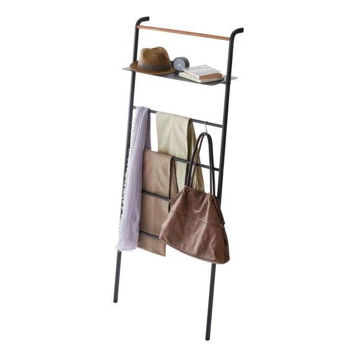 Black Metal and Wood Leaning Ladder with Adjustable Shelf