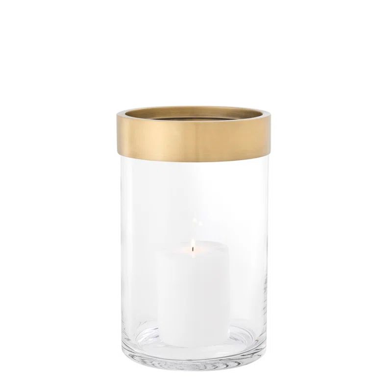 Vertex 12'' Modern Brass Rimmed Glass Hurricane Candle Holder