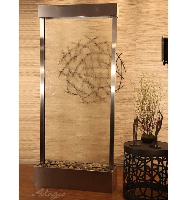 Tranquil River Stainless Steel Clear Glass Floor Fountain with Lights