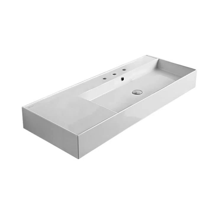 White Ceramic Rectangular Vessel Wall Mount Bathroom Sink with Three Holes