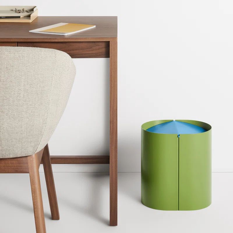 Grasshopper Green and Blue Metal Swing-Top Wastebasket