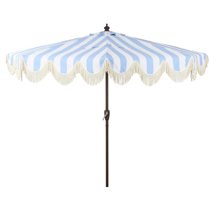 Light Blue and White Scalloped Fringe Half Market Patio Umbrella